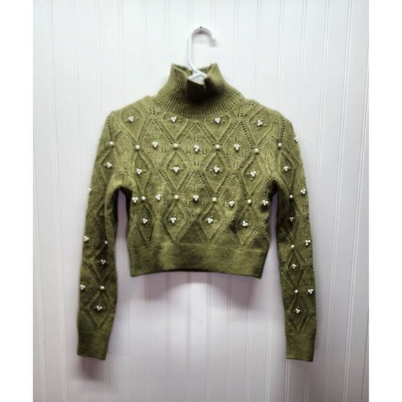 Zara Beaded Olive Green Cropped Turtleneck Sweater With Diamond Knit Design & Pe - Picture 2 of 10